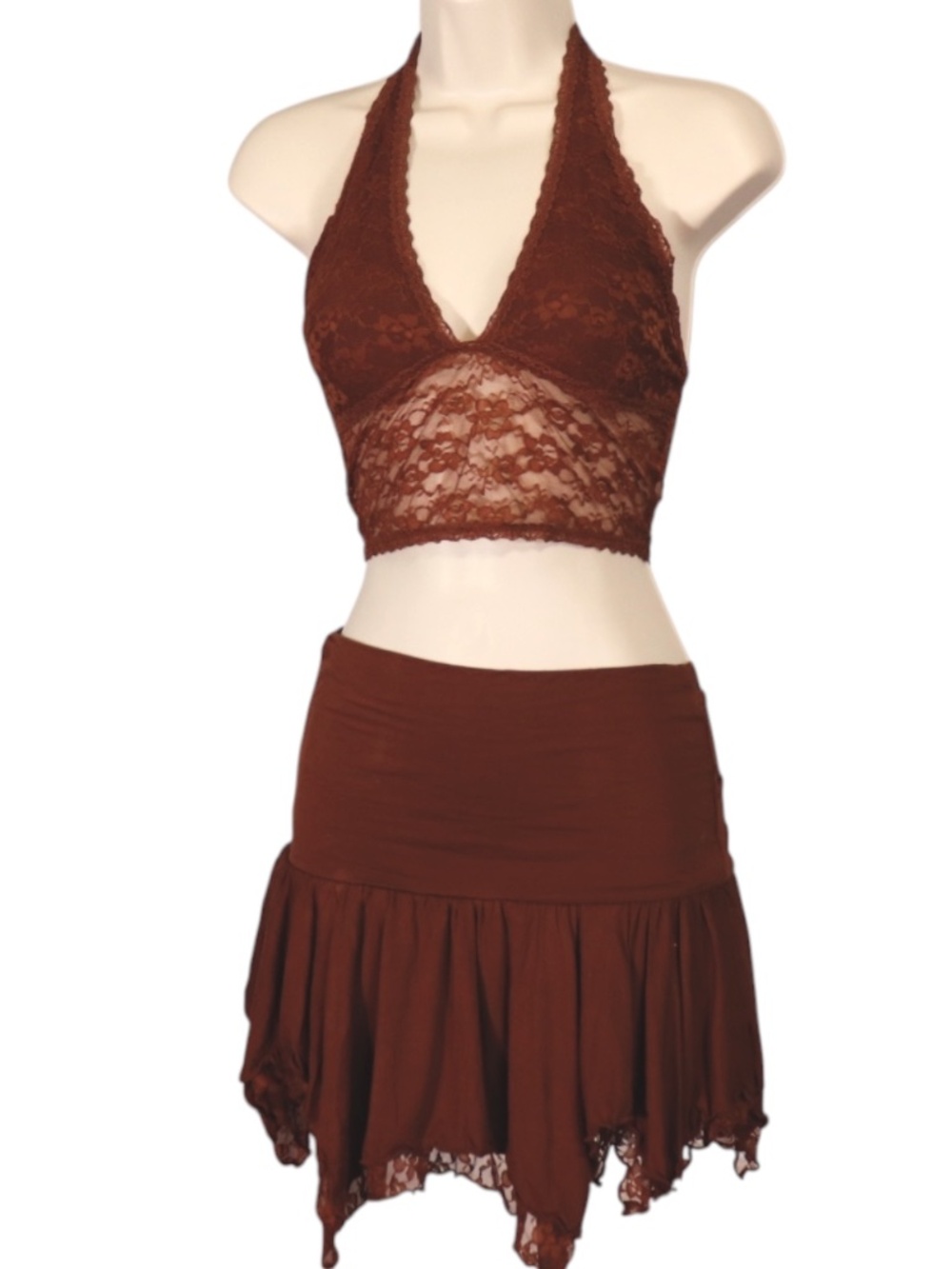 Current Mood Brown Lace Halter Top & Mini Skirt Set